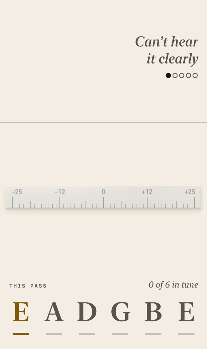 The tuner with no note and no needle. It says “Can’t hear it clearly”, one of five signal dots is filled, and the scale is greyed out.